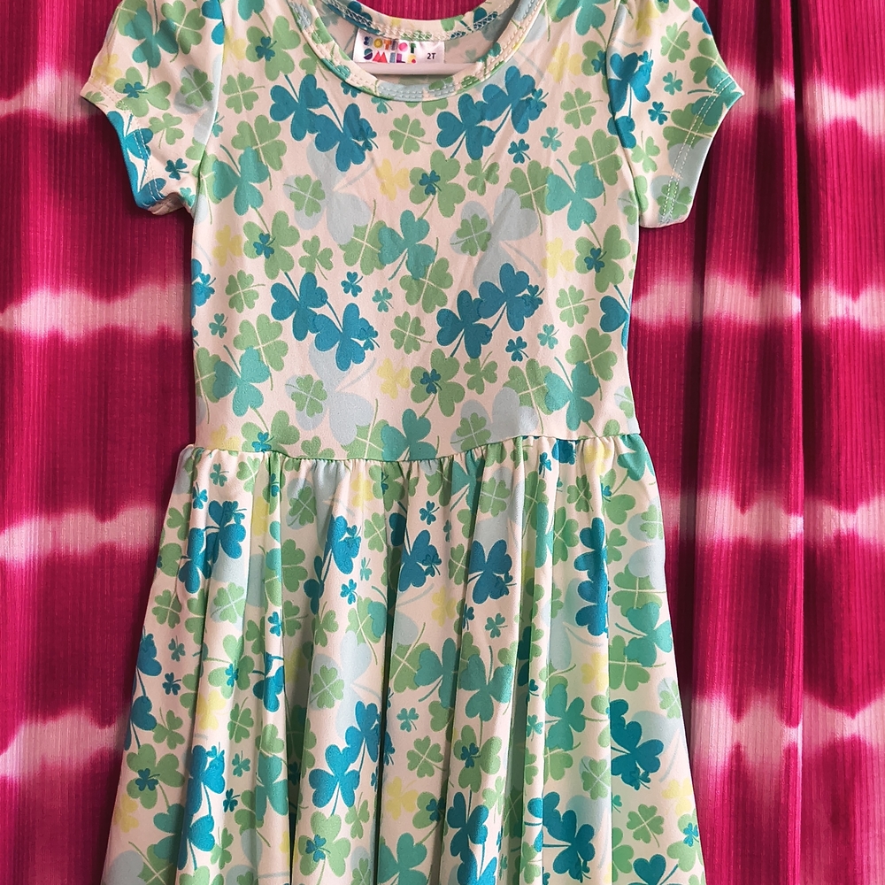 Dot Dot Smile Clover and Floral Kids Dress - Green and Blue
